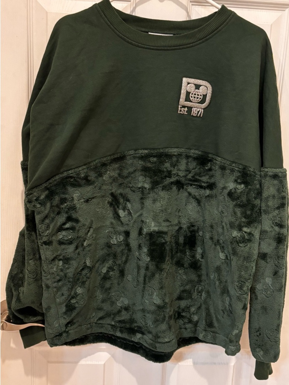 Disney‎ Spirit Jersey Green Plush Panel Sweatshirt with Embroidered Patch